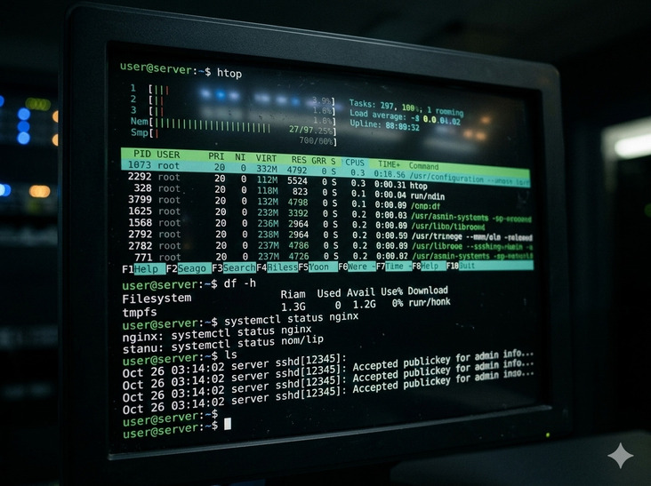 Salle serveurs — écran bash